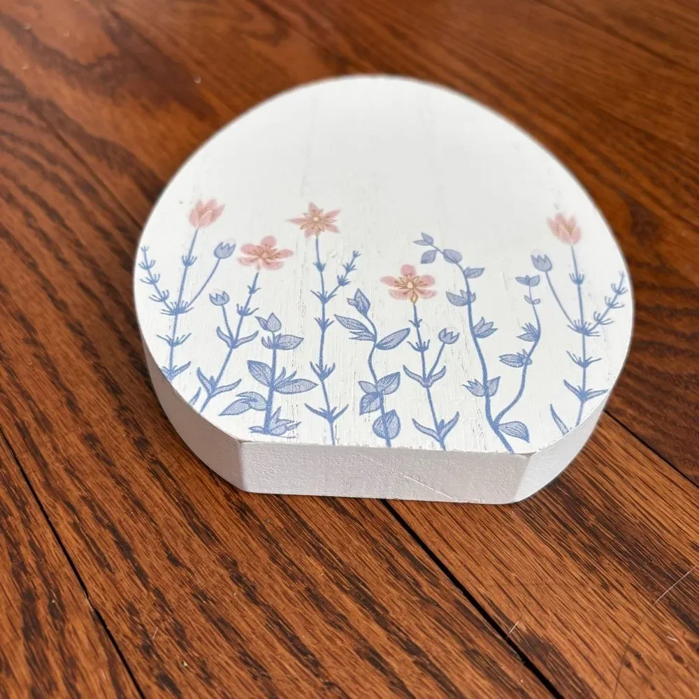 Floral Egg Wooden Holiday Table Decor - White with Blue and Pink Flowers